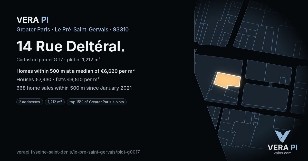 14 Rue Deltéral, Le Pré-Saint-Gervais at night – the plot lit, the parcels around coloured by the prices near them