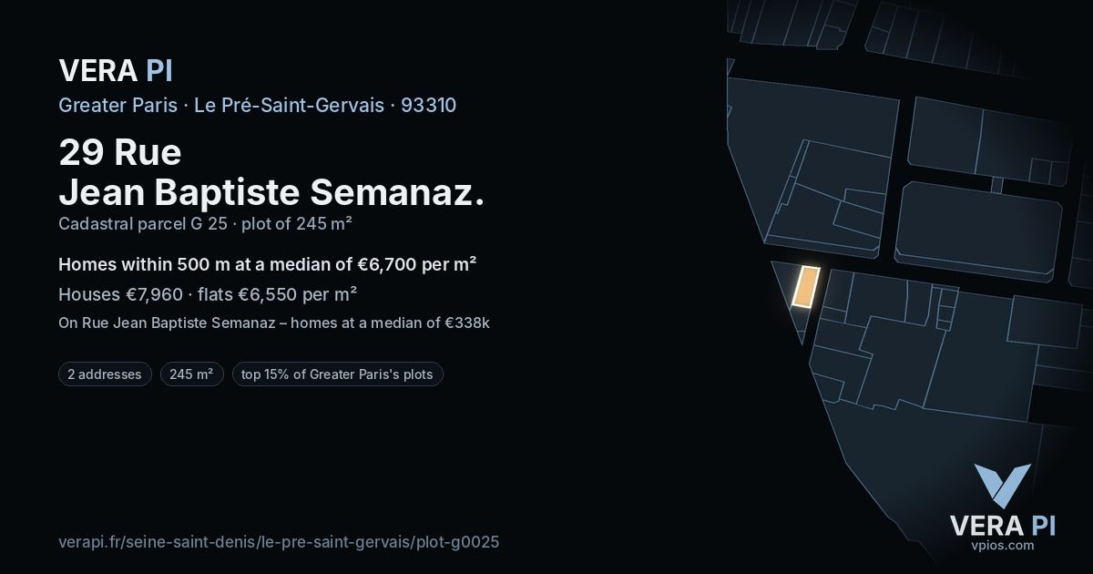 29 Rue Jean Baptiste Semanaz, Le Pré-Saint-Gervais at night – the plot lit, the parcels around coloured by the prices near them