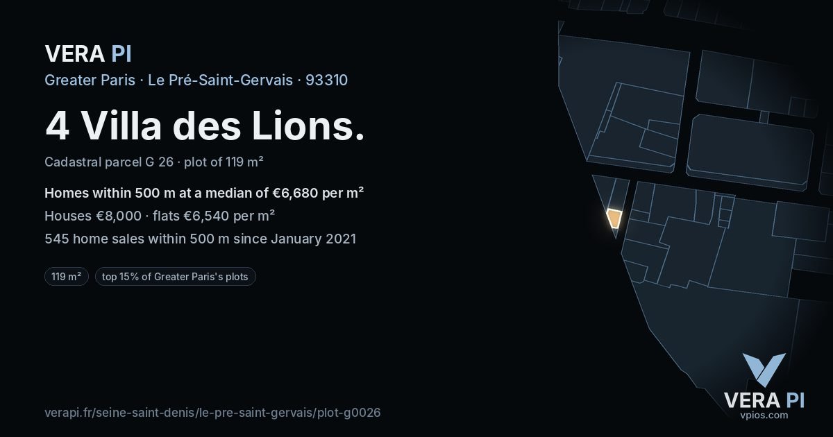 4 Villa des Lions, Le Pré-Saint-Gervais at night – the plot lit, the parcels around coloured by the prices near them