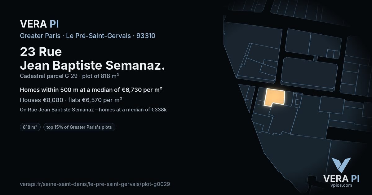 23 Rue Jean Baptiste Semanaz, Le Pré-Saint-Gervais at night – the plot lit, the parcels around coloured by the prices near them