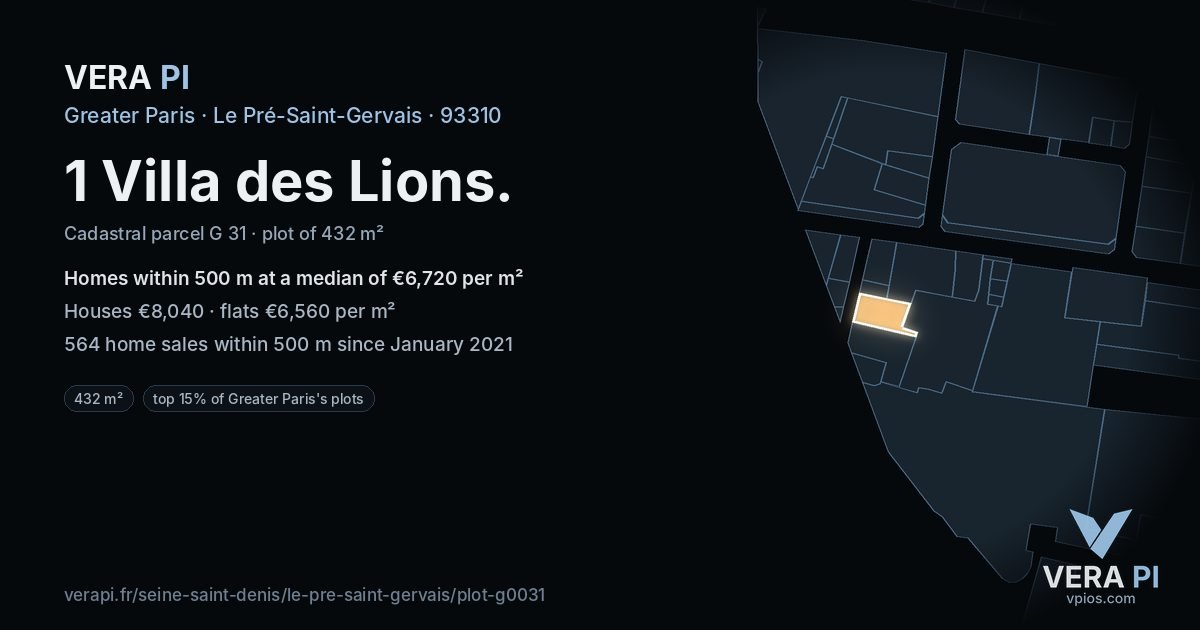 1 Villa des Lions, Le Pré-Saint-Gervais at night – the plot lit, the parcels around coloured by the prices near them