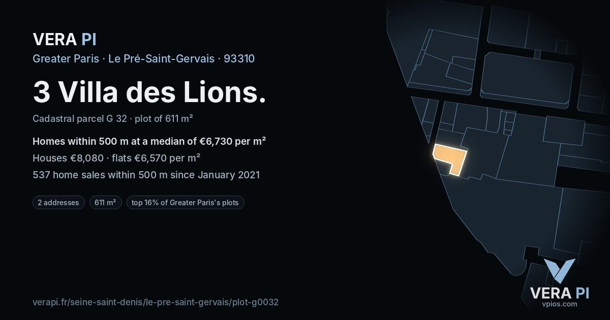 3 Villa des Lions, Le Pré-Saint-Gervais at night – the plot lit, the parcels around coloured by the prices near them