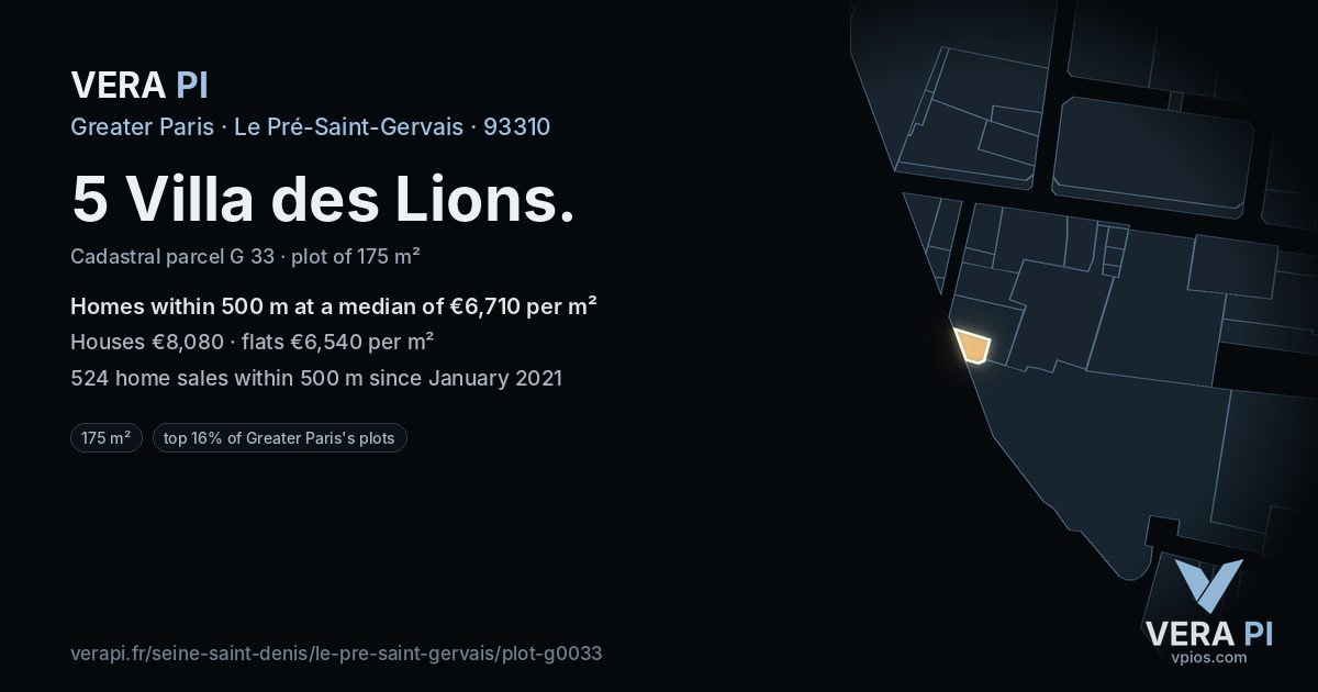 5 Villa des Lions, Le Pré-Saint-Gervais at night – the plot lit, the parcels around coloured by the prices near them
