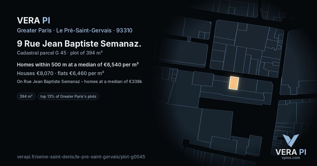 9 Rue Jean Baptiste Semanaz, Le Pré-Saint-Gervais at night – the plot lit, the parcels around coloured by the prices near them