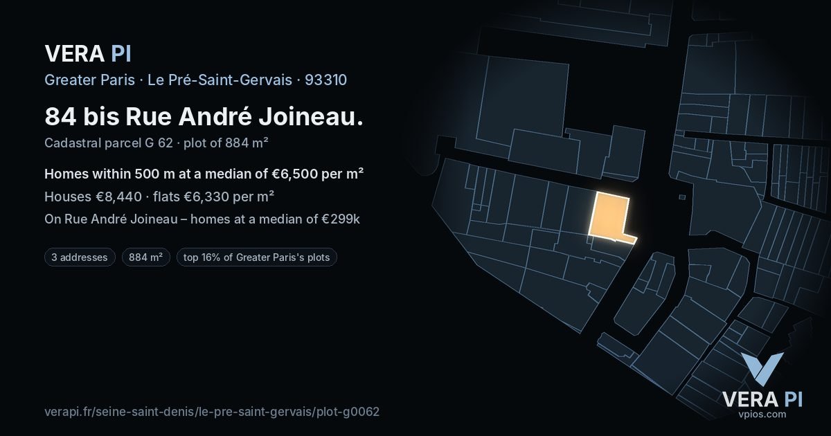 84 bis Rue André Joineau, Le Pré-Saint-Gervais at night – the plot lit, the parcels around coloured by the prices near them