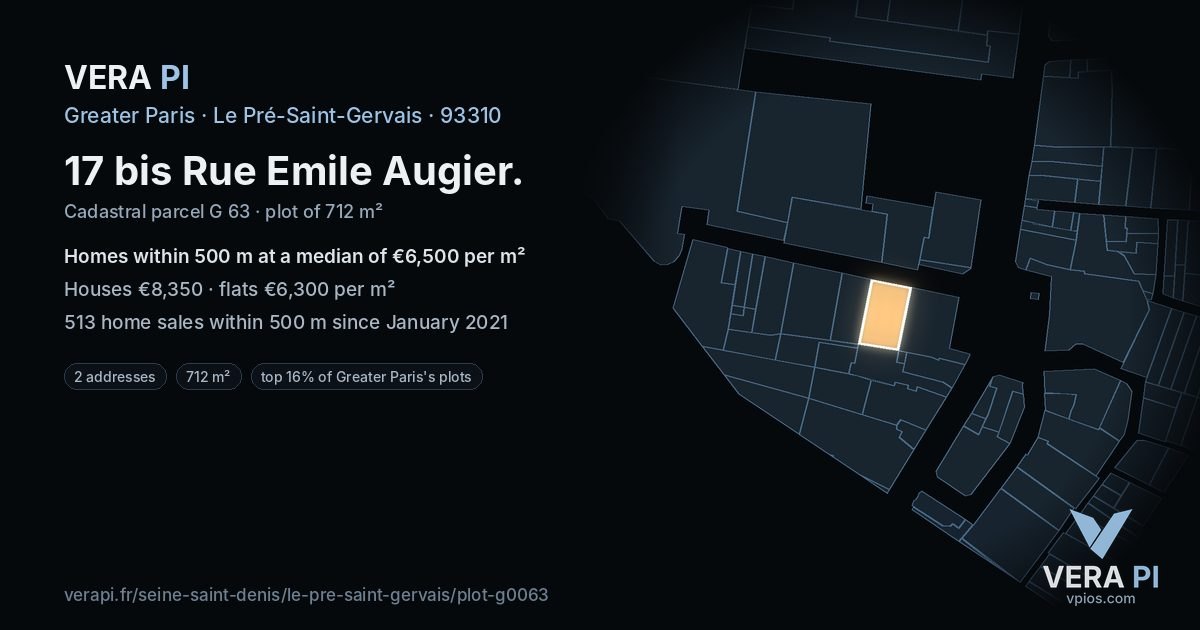 17 bis Rue Emile Augier, Le Pré-Saint-Gervais at night – the plot lit, the parcels around coloured by the prices near them