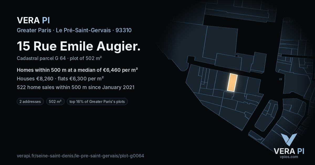 15 Rue Emile Augier, Le Pré-Saint-Gervais at night – the plot lit, the parcels around coloured by the prices near them