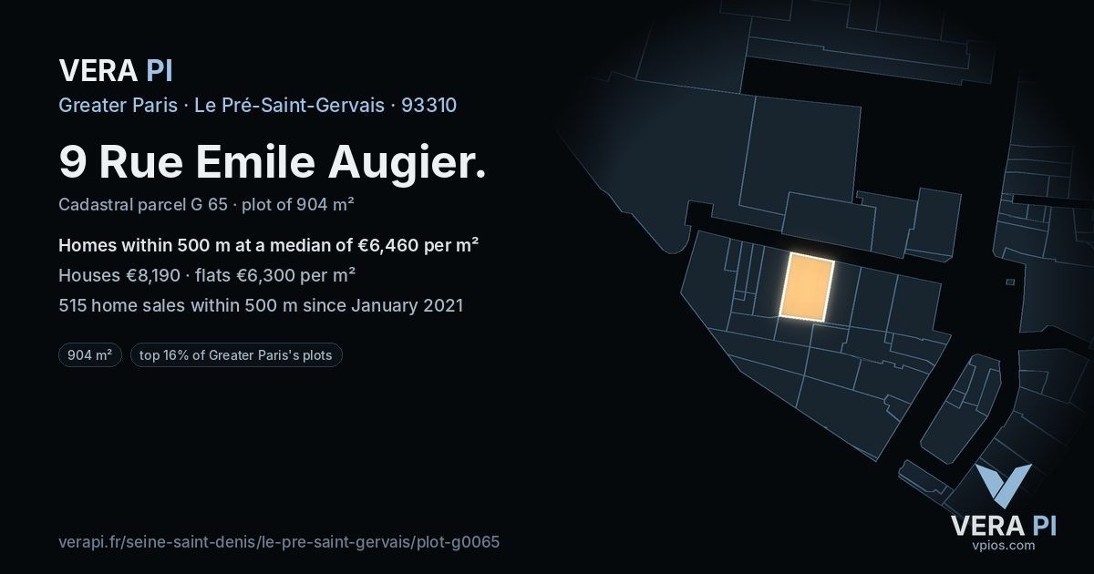 9 Rue Emile Augier, Le Pré-Saint-Gervais at night – the plot lit, the parcels around coloured by the prices near them