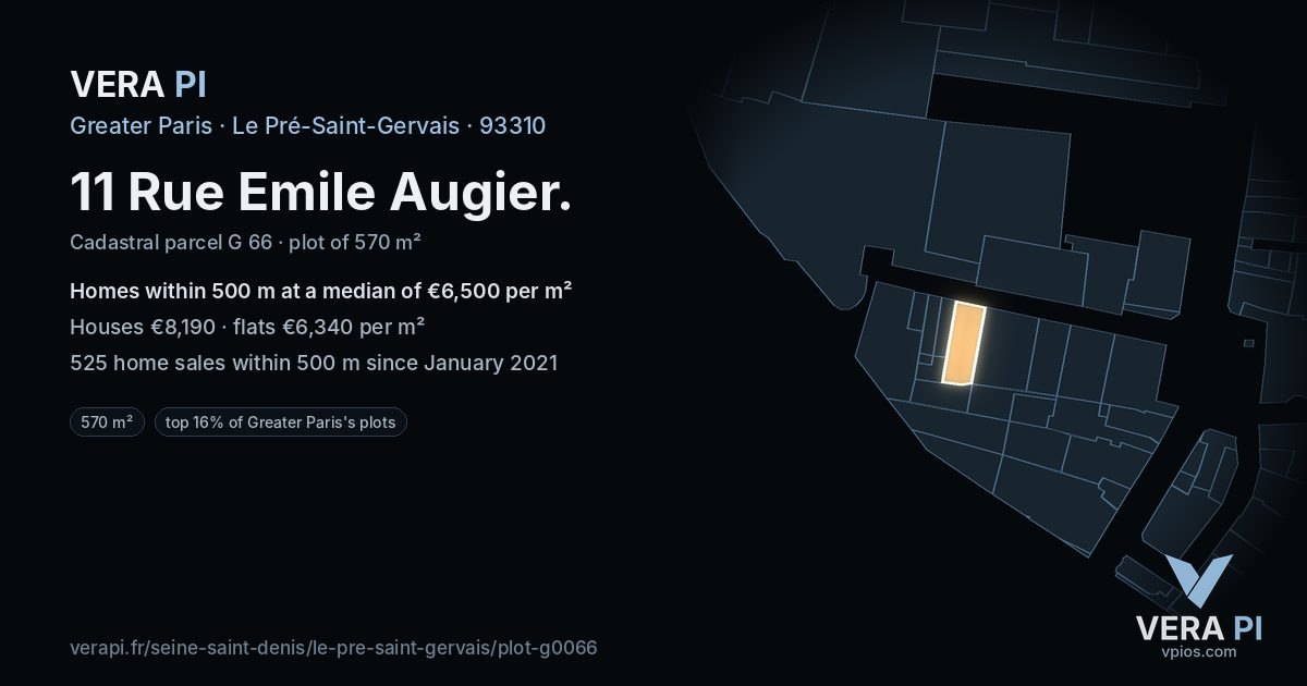 11 Rue Emile Augier, Le Pré-Saint-Gervais at night – the plot lit, the parcels around coloured by the prices near them