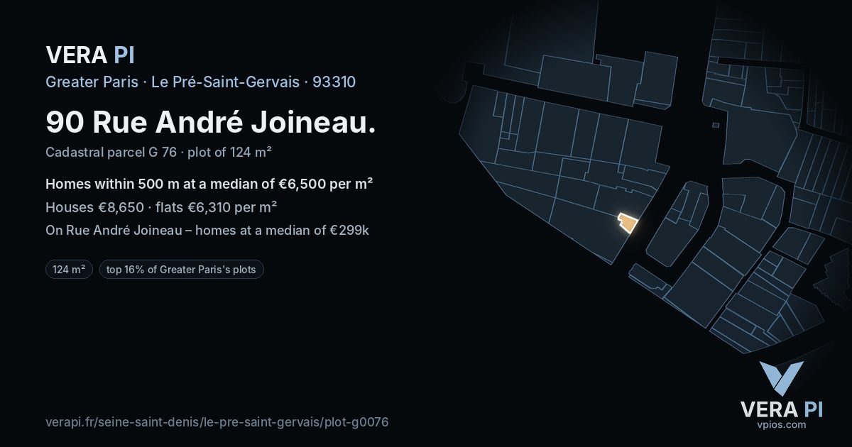 90 Rue André Joineau, Le Pré-Saint-Gervais at night – the plot lit, the parcels around coloured by the prices near them