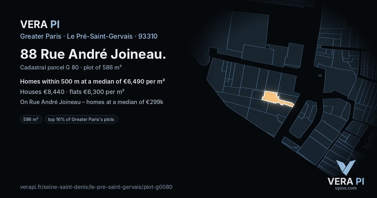 88 Rue André Joineau, Le Pré-Saint-Gervais at night – the plot lit, the parcels around coloured by the prices near them