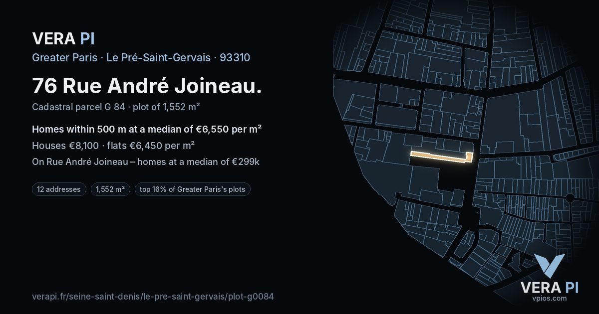 76 Rue André Joineau, Le Pré-Saint-Gervais at night – the plot lit, the parcels around coloured by the prices near them