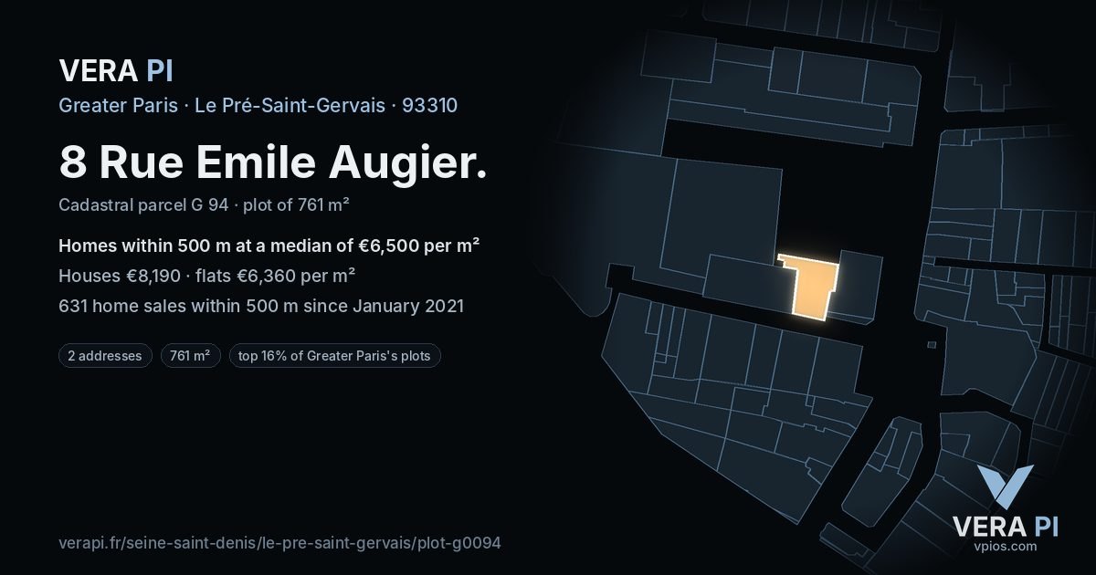 8 Rue Emile Augier, Le Pré-Saint-Gervais at night – the plot lit, the parcels around coloured by the prices near them