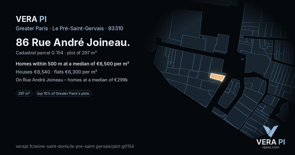 86 Rue André Joineau, Le Pré-Saint-Gervais at night – the plot lit, the parcels around coloured by the prices near them