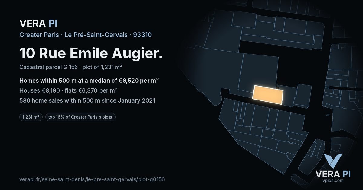 10 Rue Emile Augier, Le Pré-Saint-Gervais at night – the plot lit, the parcels around coloured by the prices near them