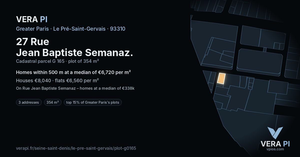 27 Rue Jean Baptiste Semanaz, Le Pré-Saint-Gervais at night – the plot lit, the parcels around coloured by the prices near them