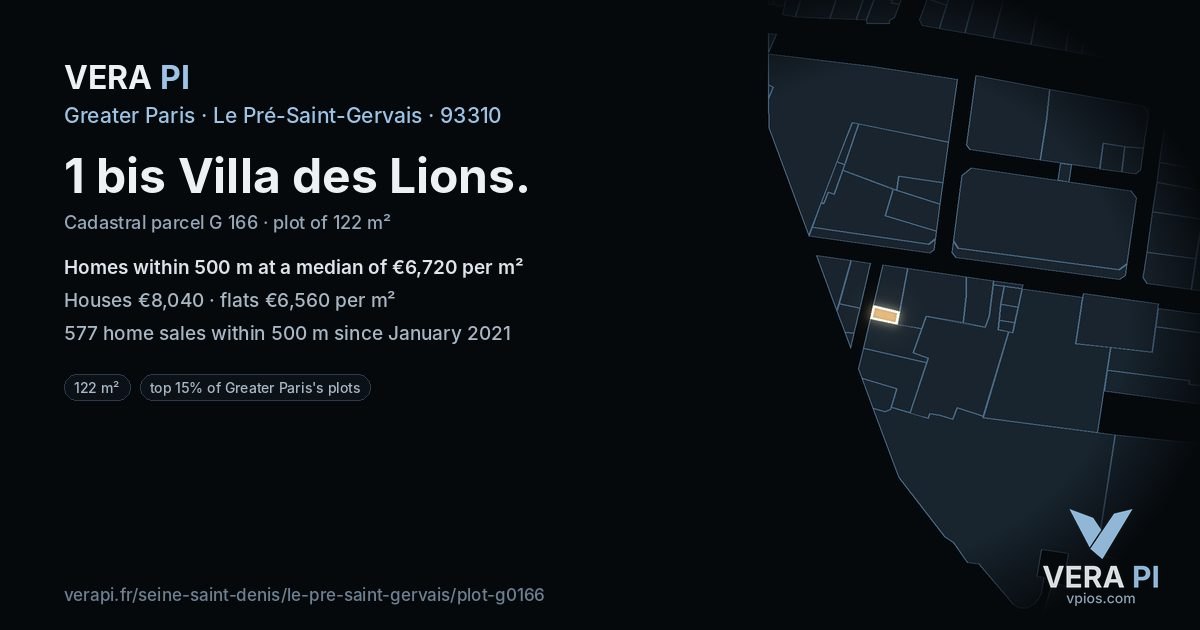 1 bis Villa des Lions, Le Pré-Saint-Gervais at night – the plot lit, the parcels around coloured by the prices near them