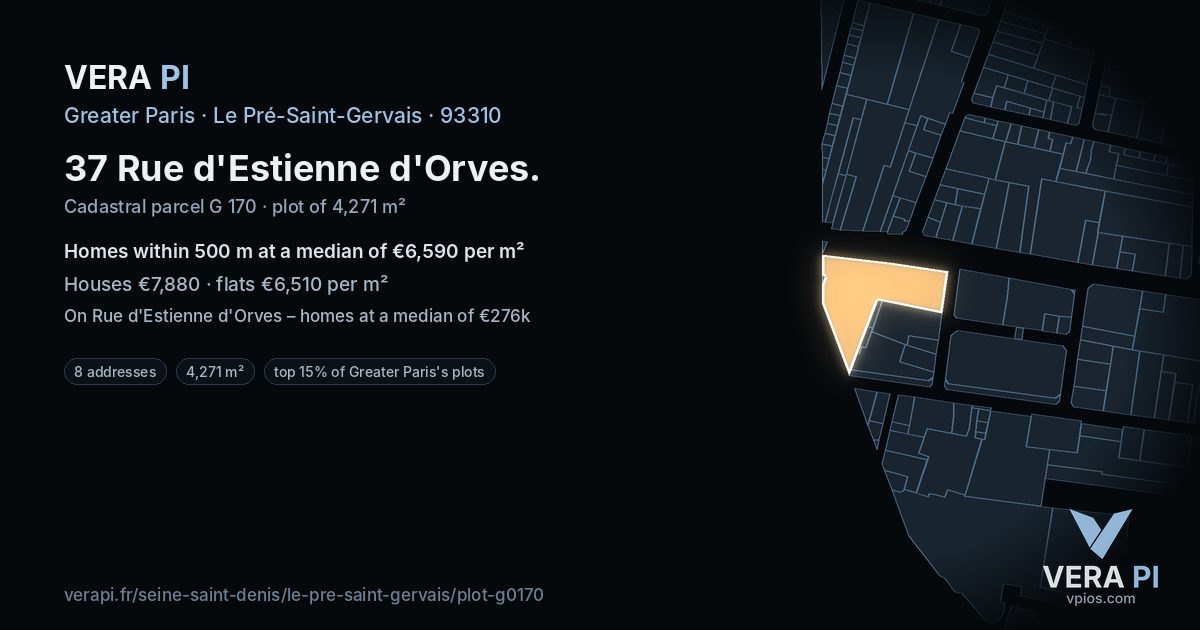 37 Rue d'Estienne d'Orves, Le Pré-Saint-Gervais at night – the plot lit, the parcels around coloured by the prices near them