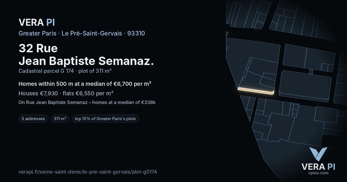 32 Rue Jean Baptiste Semanaz, Le Pré-Saint-Gervais at night – the plot lit, the parcels around coloured by the prices near them