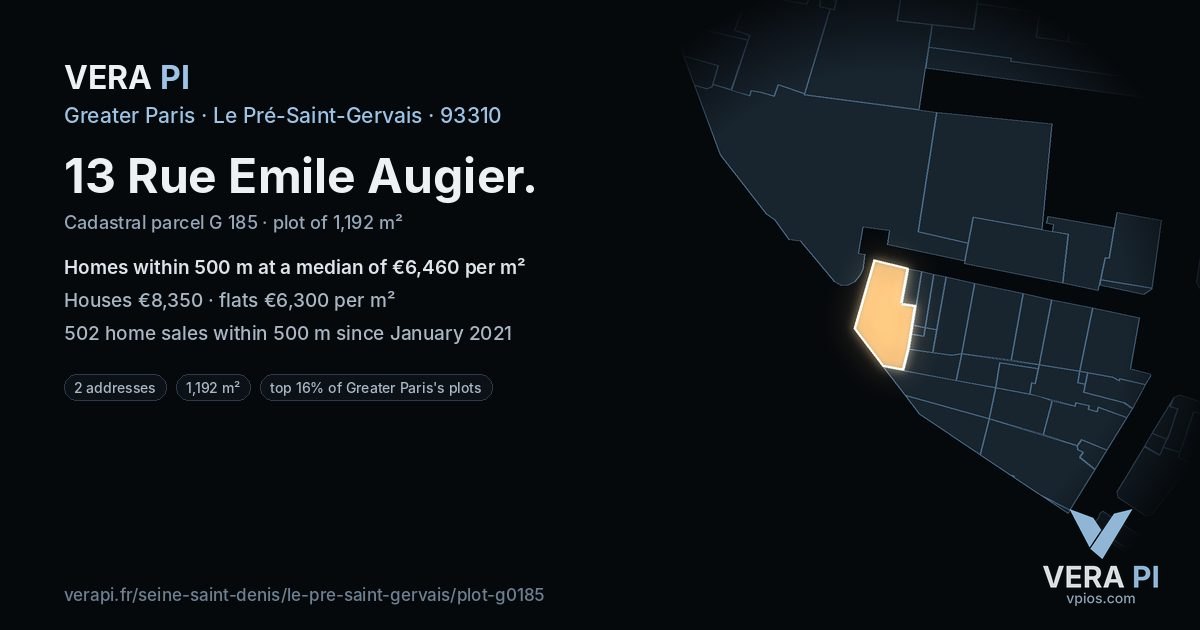 13 Rue Emile Augier, Le Pré-Saint-Gervais at night – the plot lit, the parcels around coloured by the prices near them