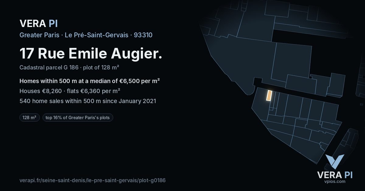17 Rue Emile Augier, Le Pré-Saint-Gervais at night – the plot lit, the parcels around coloured by the prices near them
