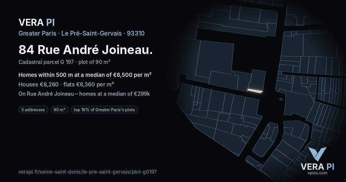 84 Rue André Joineau, Le Pré-Saint-Gervais at night – the plot lit, the parcels around coloured by the prices near them