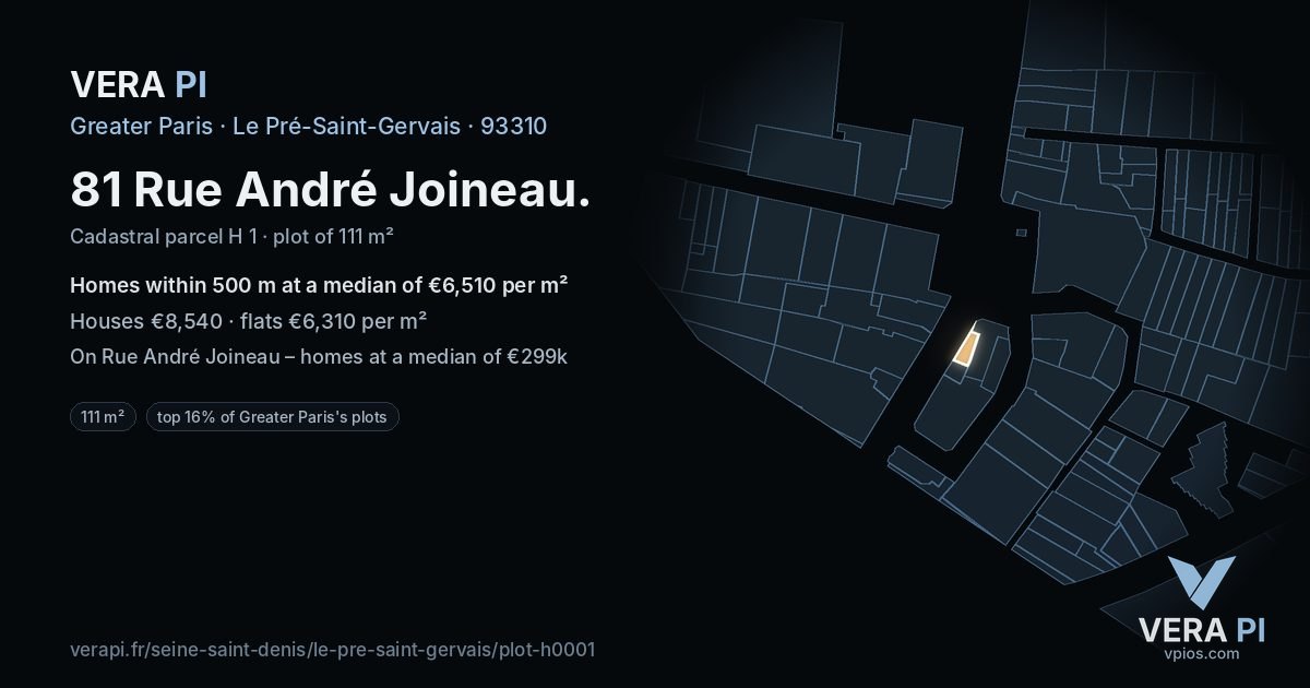 81 Rue André Joineau, Le Pré-Saint-Gervais at night – the plot lit, the parcels around coloured by the prices near them