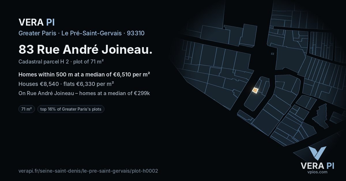 83 Rue André Joineau, Le Pré-Saint-Gervais at night – the plot lit, the parcels around coloured by the prices near them