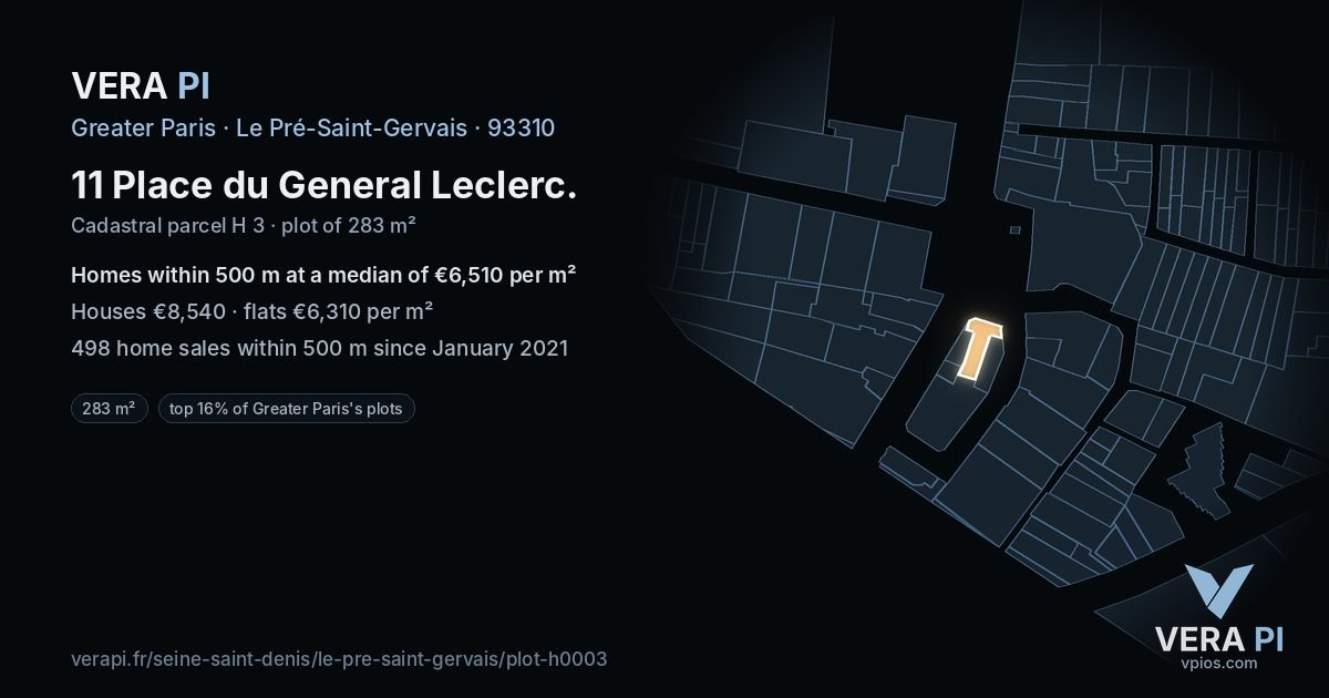 11 Place du General Leclerc, Le Pré-Saint-Gervais at night – the plot lit, the parcels around coloured by the prices near them