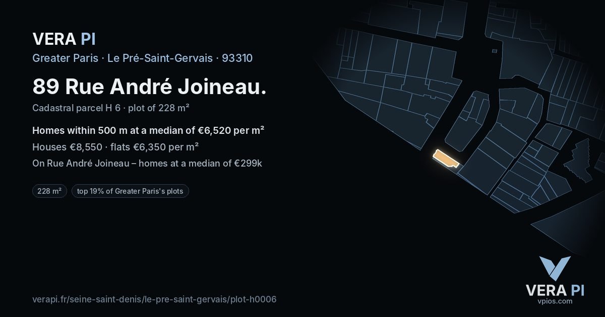 89 Rue André Joineau, Le Pré-Saint-Gervais at night – the plot lit, the parcels around coloured by the prices near them