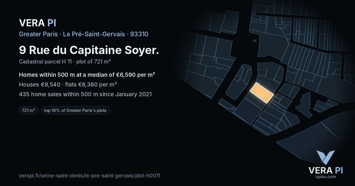 9 Rue du Capitaine Soyer, Le Pré-Saint-Gervais at night – the plot lit, the parcels around coloured by the prices near them