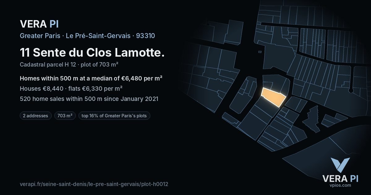 11 Sente du Clos Lamotte, Le Pré-Saint-Gervais at night – the plot lit, the parcels around coloured by the prices near them
