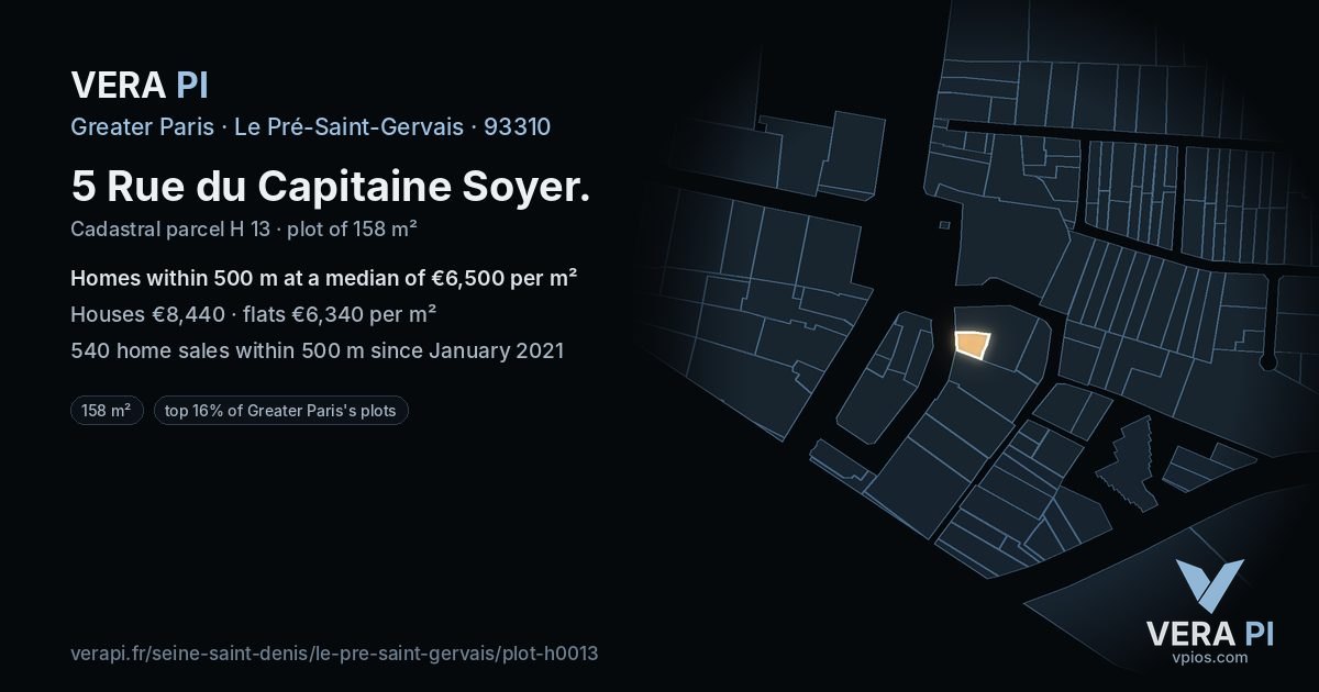5 Rue du Capitaine Soyer, Le Pré-Saint-Gervais at night – the plot lit, the parcels around coloured by the prices near them