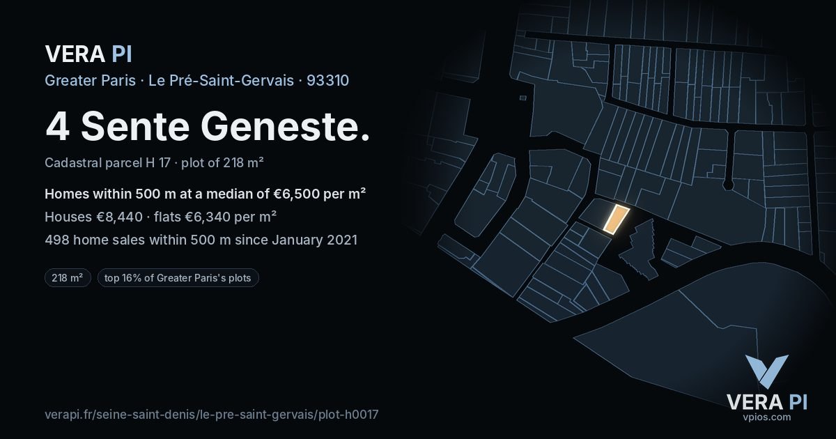 4 Sente Geneste, Le Pré-Saint-Gervais at night – the plot lit, the parcels around coloured by the prices near them