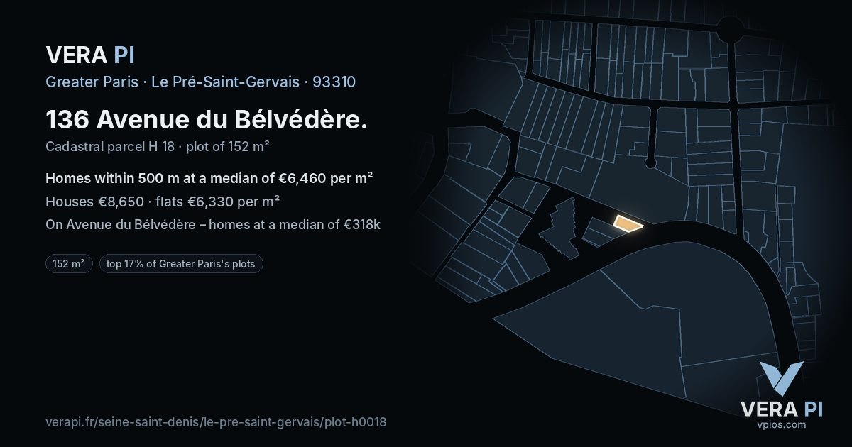 136 Avenue du Bélvédère, Le Pré-Saint-Gervais at night – the plot lit, the parcels around coloured by the prices near them
