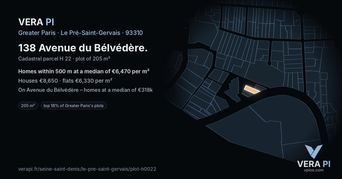 138 Avenue du Bélvédère, Le Pré-Saint-Gervais at night – the plot lit, the parcels around coloured by the prices near them