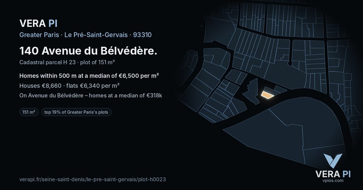 140 Avenue du Bélvédère, Le Pré-Saint-Gervais at night – the plot lit, the parcels around coloured by the prices near them