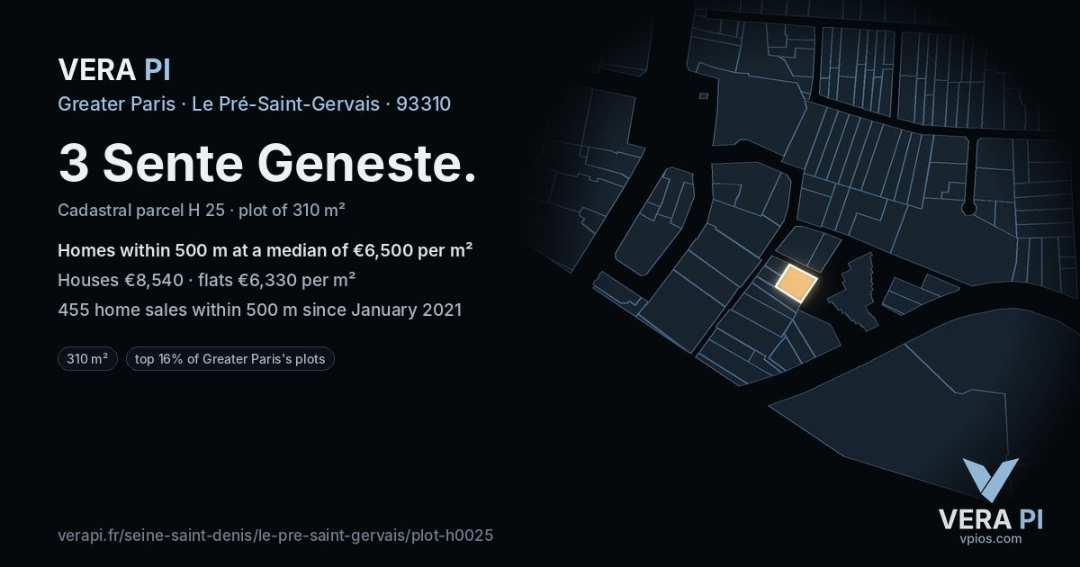 3 Sente Geneste, Le Pré-Saint-Gervais at night – the plot lit, the parcels around coloured by the prices near them