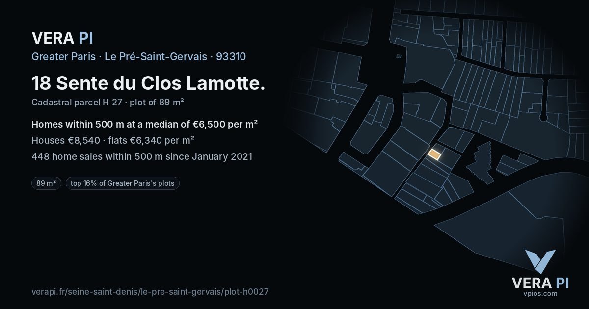 18 Sente du Clos Lamotte, Le Pré-Saint-Gervais at night – the plot lit, the parcels around coloured by the prices near them