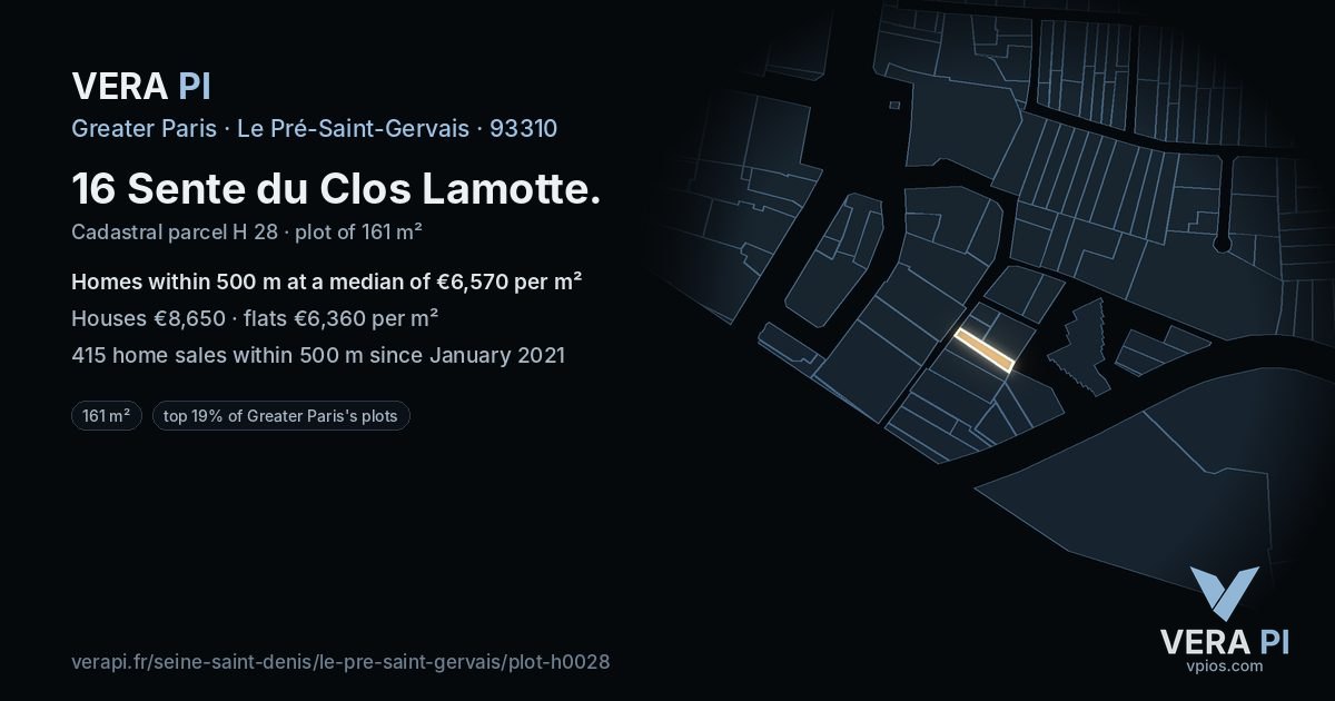 16 Sente du Clos Lamotte, Le Pré-Saint-Gervais at night – the plot lit, the parcels around coloured by the prices near them
