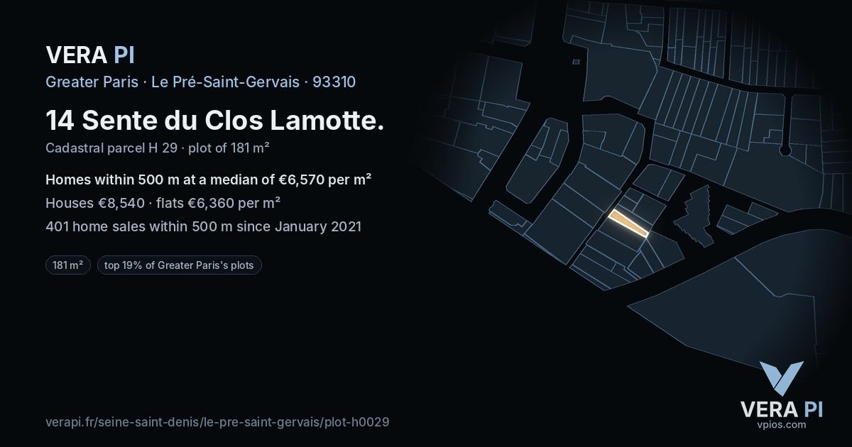 14 Sente du Clos Lamotte, Le Pré-Saint-Gervais at night – the plot lit, the parcels around coloured by the prices near them