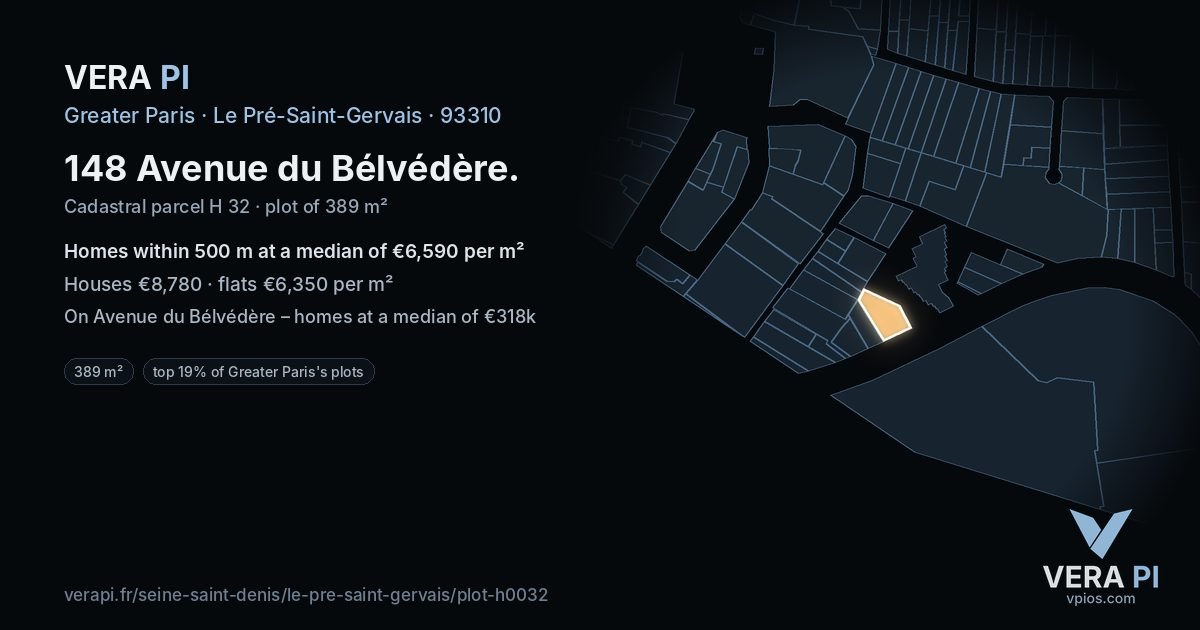 148 Avenue du Bélvédère, Le Pré-Saint-Gervais at night – the plot lit, the parcels around coloured by the prices near them