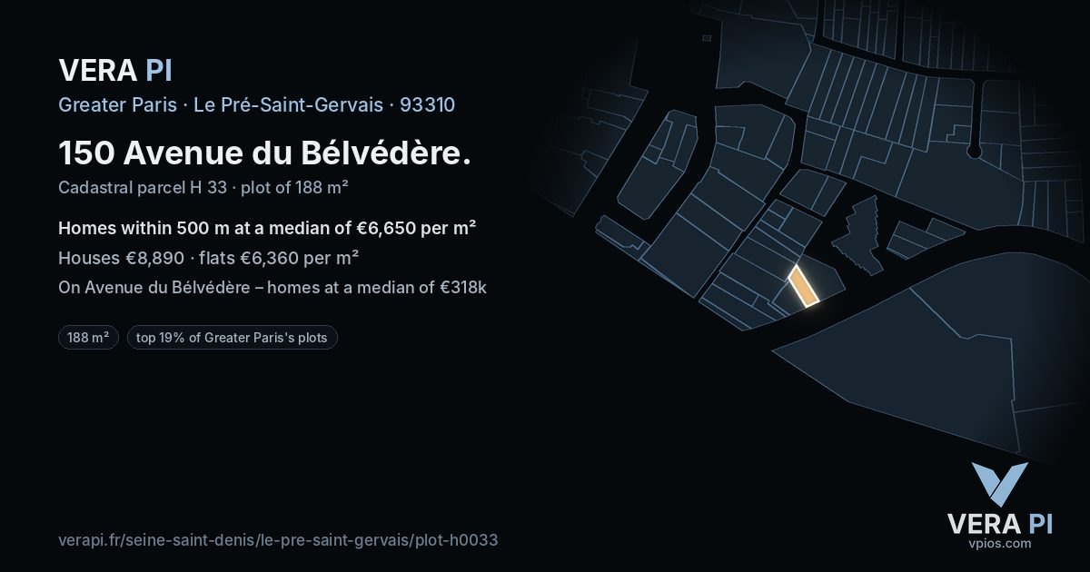 150 Avenue du Bélvédère, Le Pré-Saint-Gervais at night – the plot lit, the parcels around coloured by the prices near them