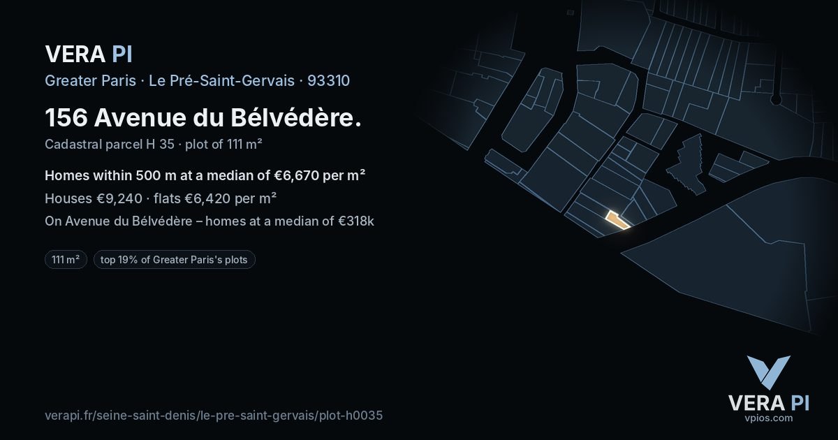 156 Avenue du Bélvédère, Le Pré-Saint-Gervais at night – the plot lit, the parcels around coloured by the prices near them
