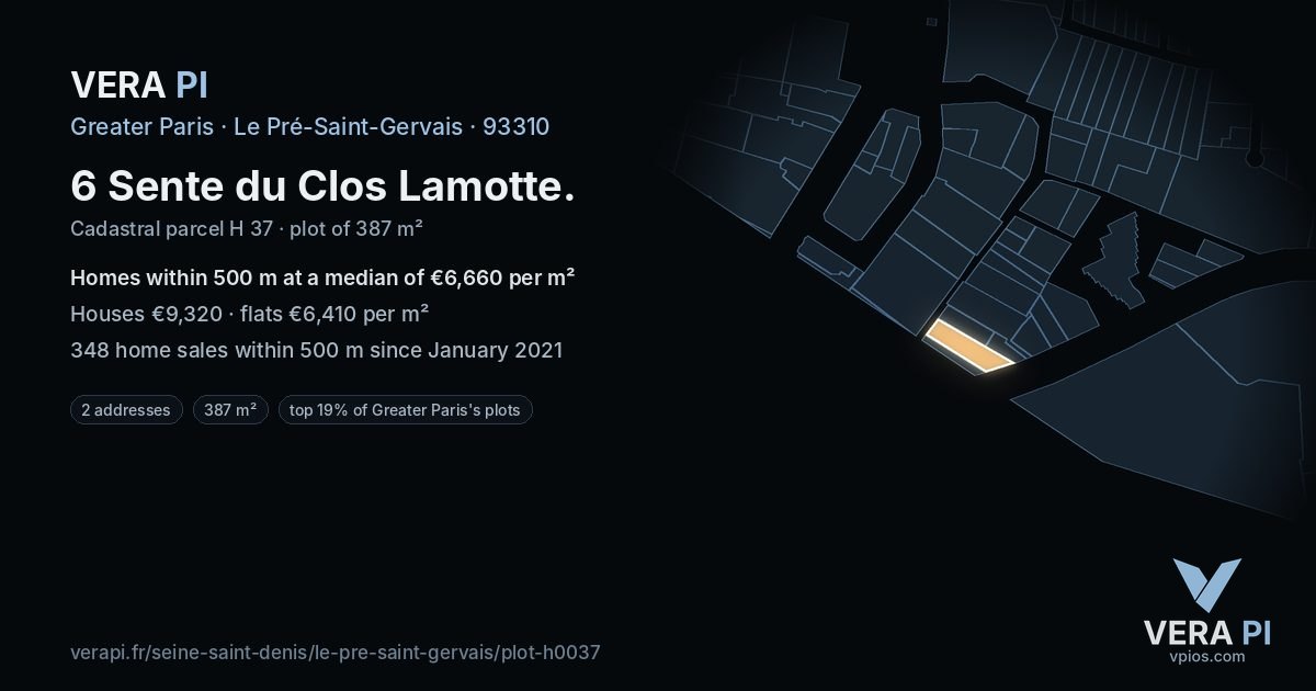 6 Sente du Clos Lamotte, Le Pré-Saint-Gervais at night – the plot lit, the parcels around coloured by the prices near them