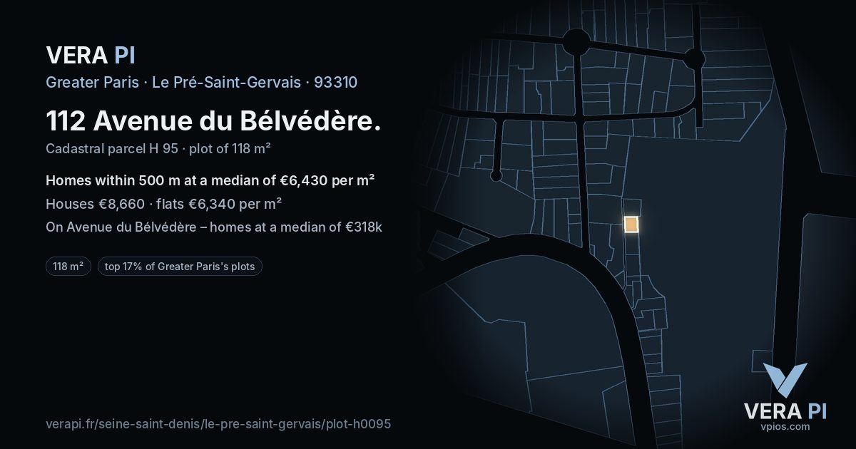 112 Avenue du Bélvédère, Le Pré-Saint-Gervais at night – the plot lit, the parcels around coloured by the prices near them