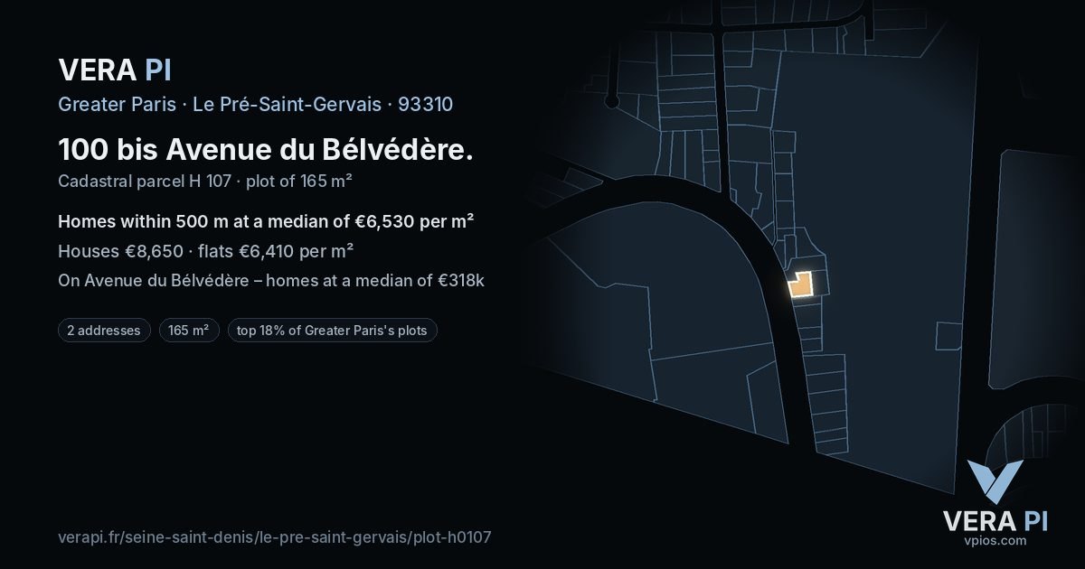 100 bis Avenue du Bélvédère, Le Pré-Saint-Gervais at night – the plot lit, the parcels around coloured by the prices near them