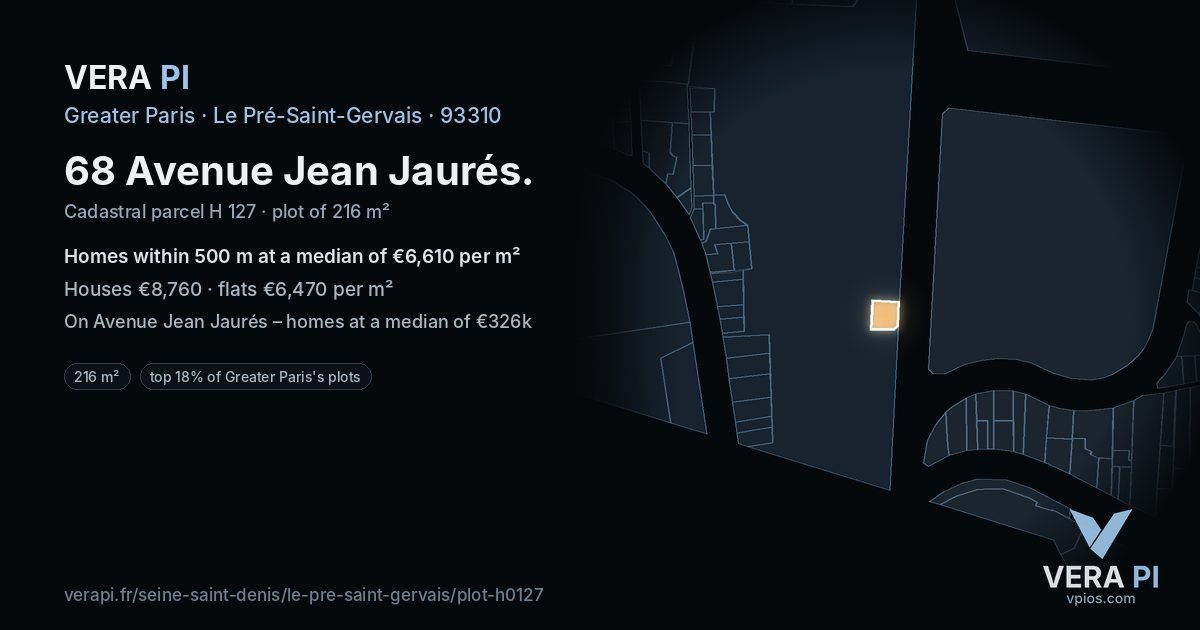 68 Avenue Jean Jaurés, Le Pré-Saint-Gervais at night – the plot lit, the parcels around coloured by the prices near them