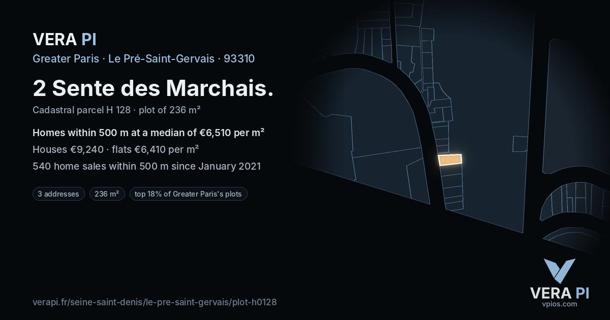 2 Sente des Marchais, Le Pré-Saint-Gervais at night – the plot lit, the parcels around coloured by the prices near them