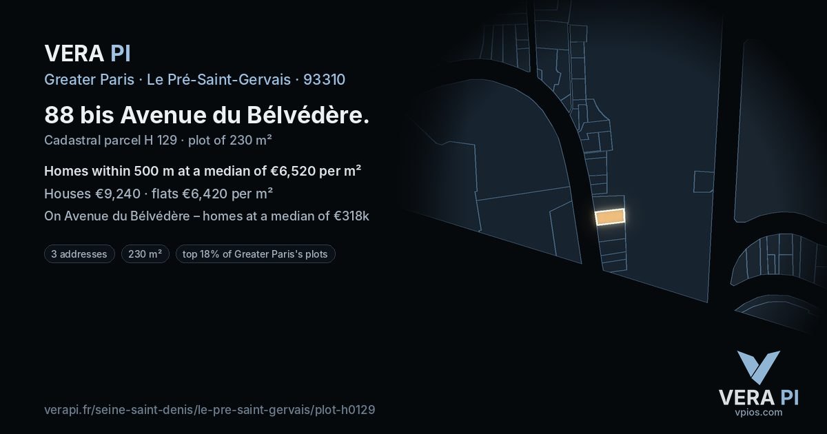 88 bis Avenue du Bélvédère, Le Pré-Saint-Gervais at night – the plot lit, the parcels around coloured by the prices near them